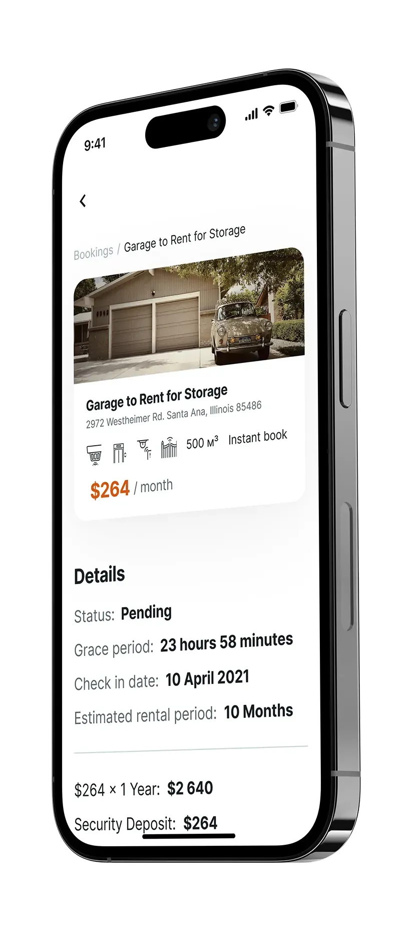 Mobile app booking screen for storage rental