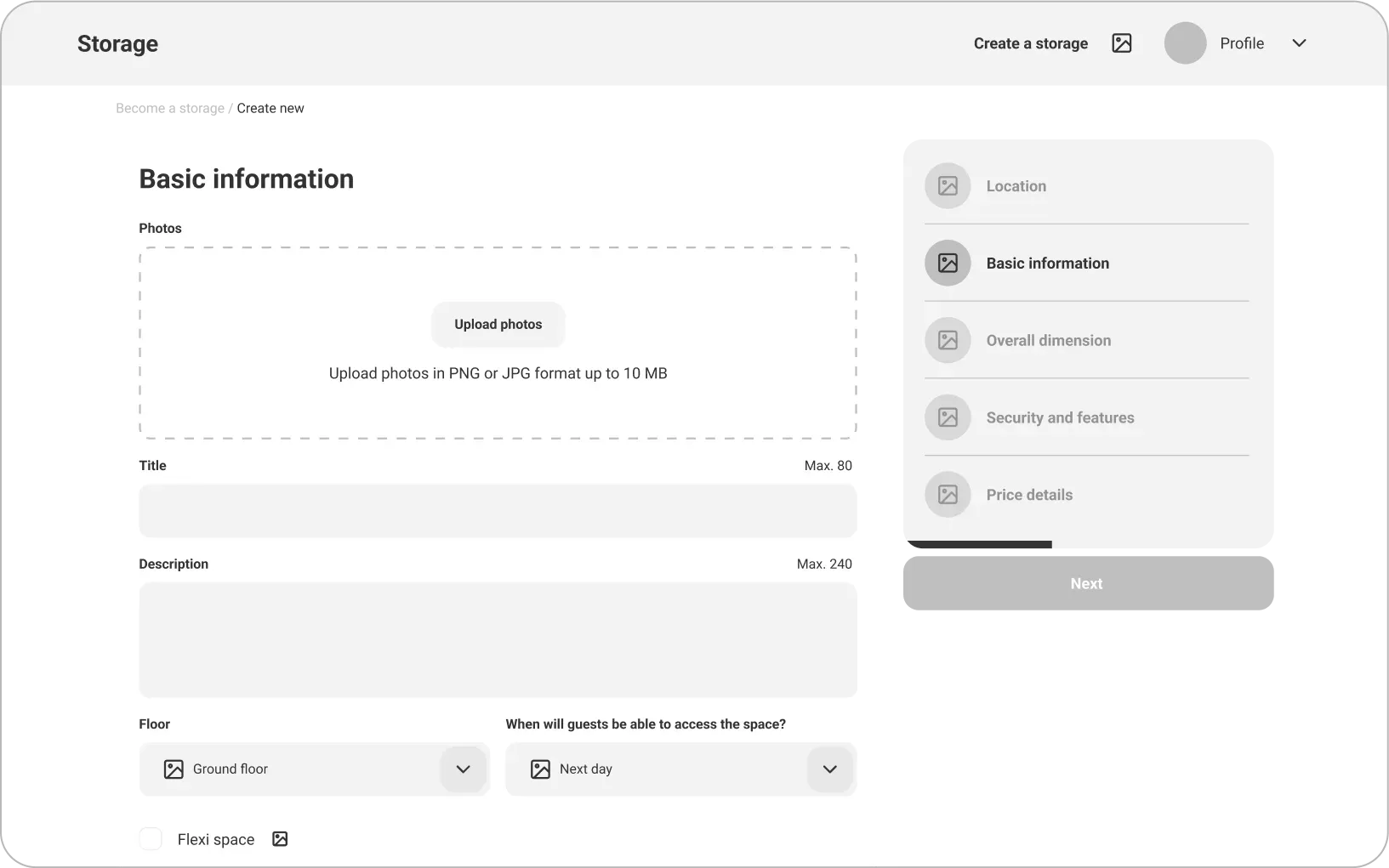 Storage creation form interface