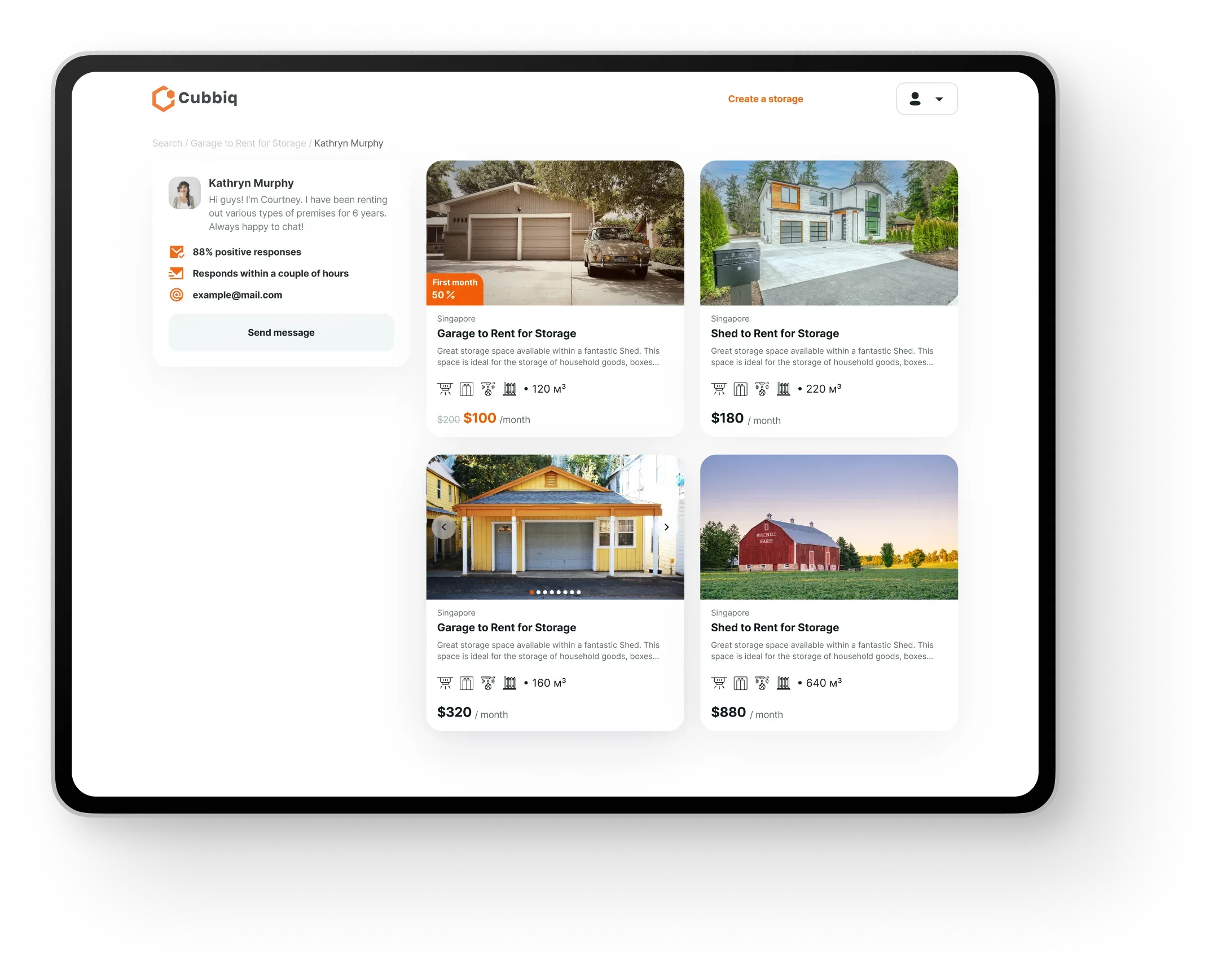 Rental listings for storage spaces