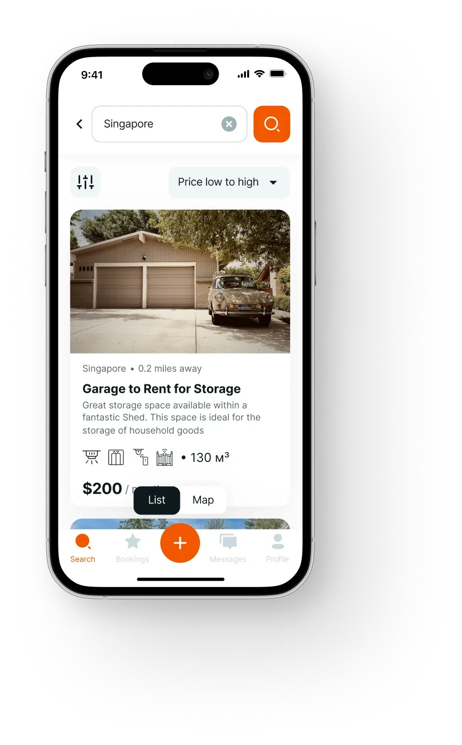 Mobile app listing for storage garage rental