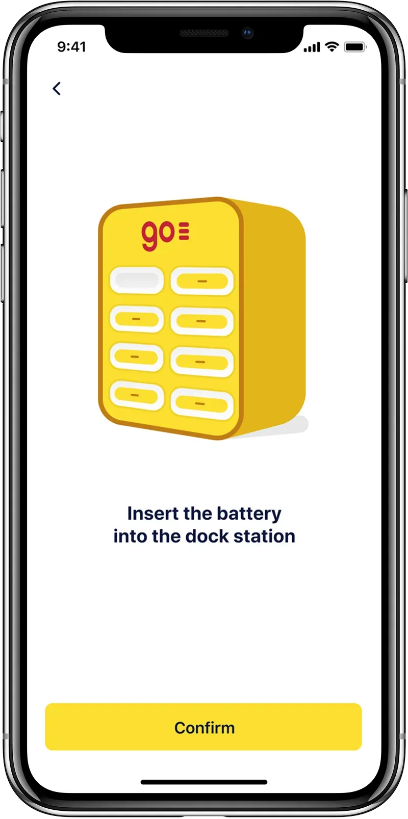 Mobile app battery dock station setup screen
