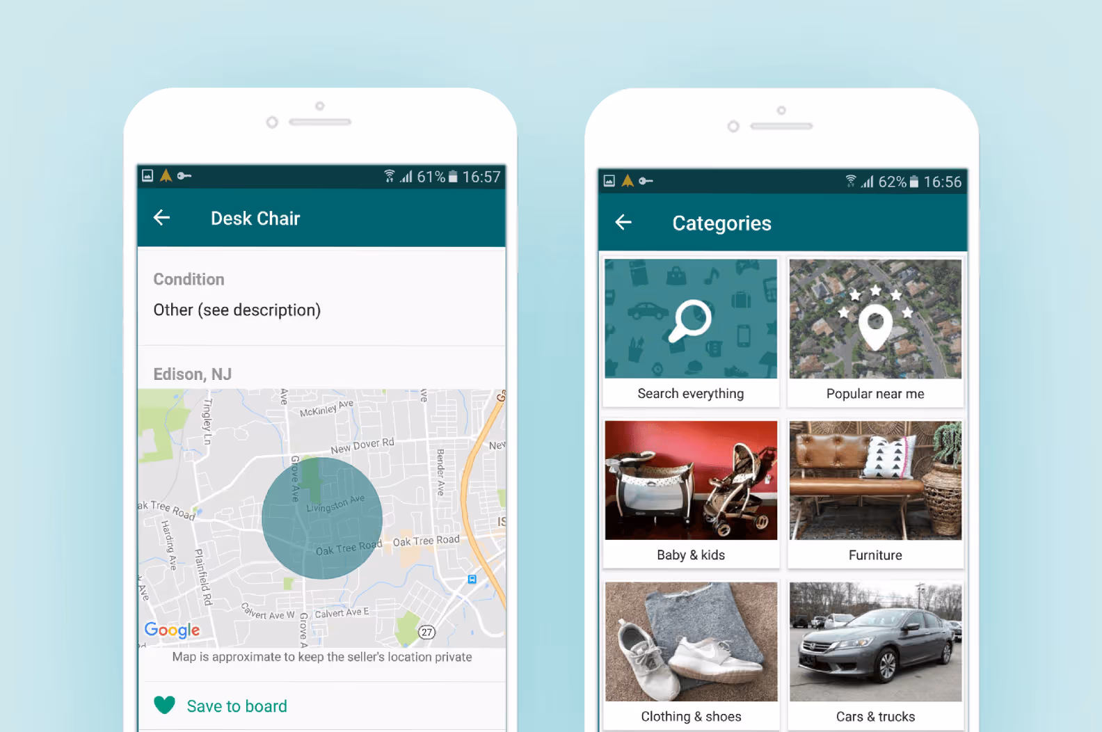 Интерфейс OfferUp с фотографиями товаров и картой