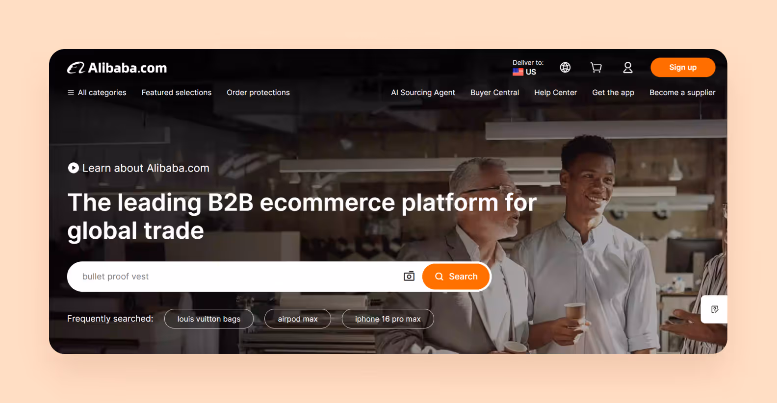 The screenshot of Alibaba.com homepage