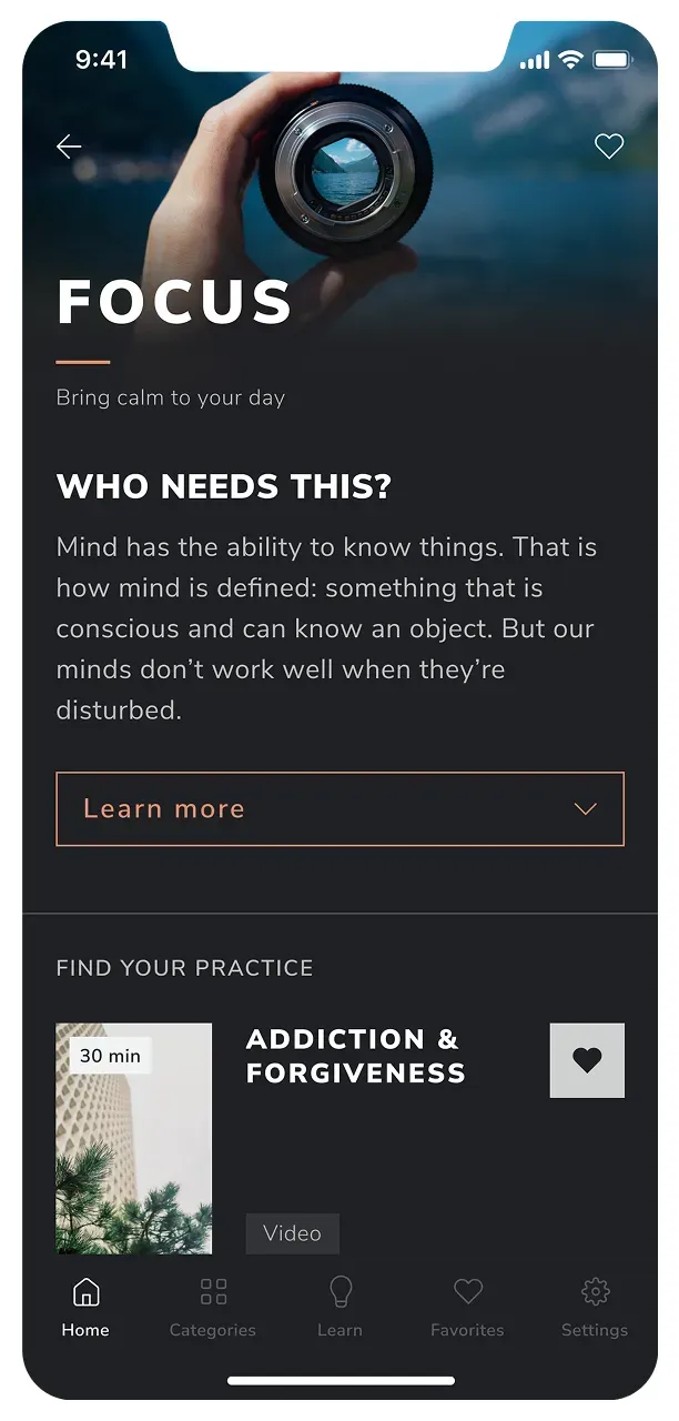 Mobile app screen promoting mindfulness practice