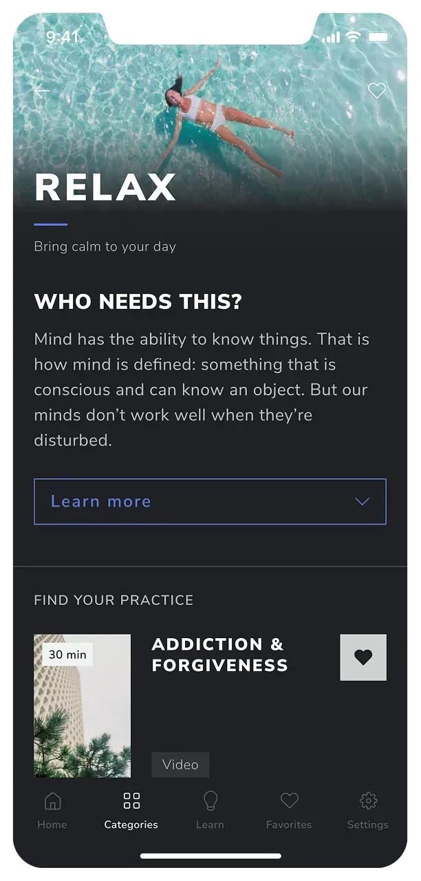 Mobile app relaxation categories screen