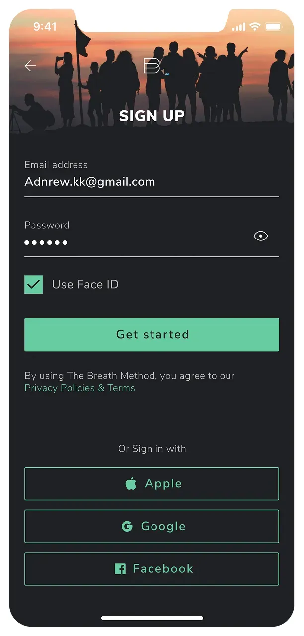 Mobile app sign-up screen with email and password fields
