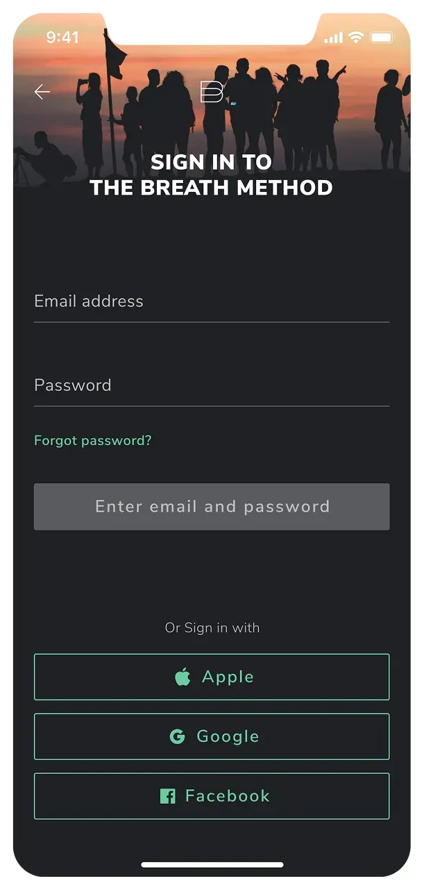 Mobile app sign-in screen for The Breath Method