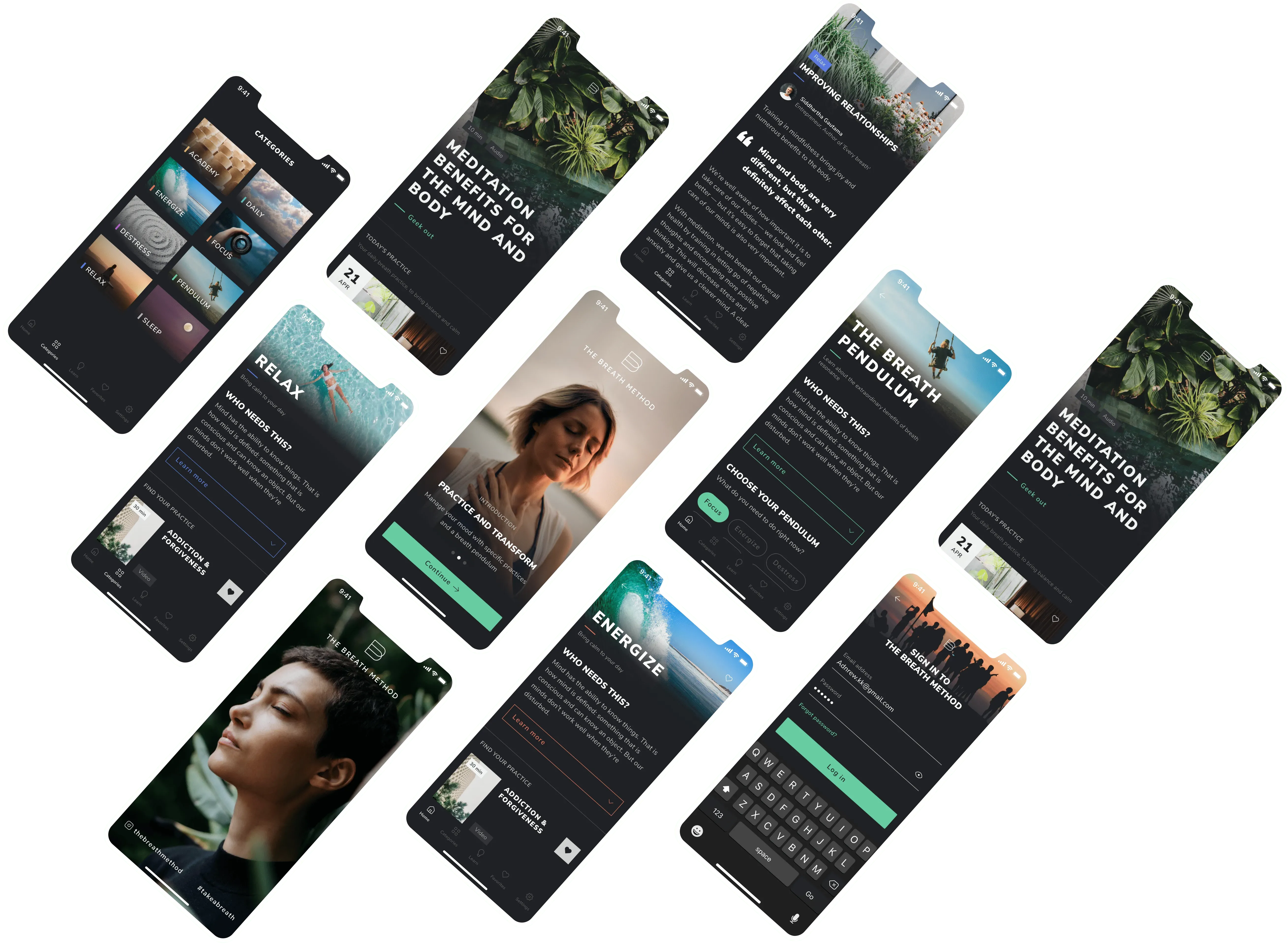 Mobile app screens for meditation and wellness