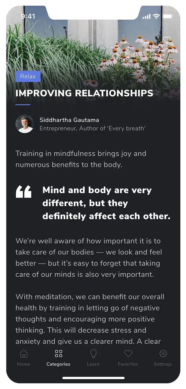 Mobile app screen on improving relationships through mindfulness