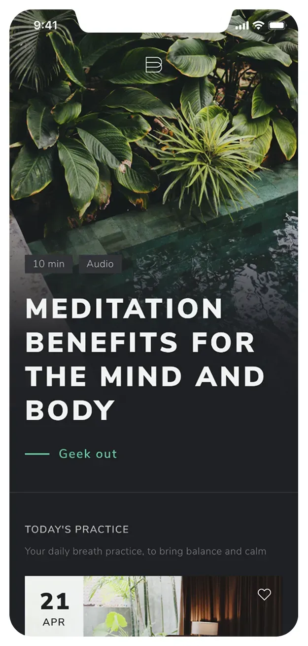 Meditation app home screen with foliage background