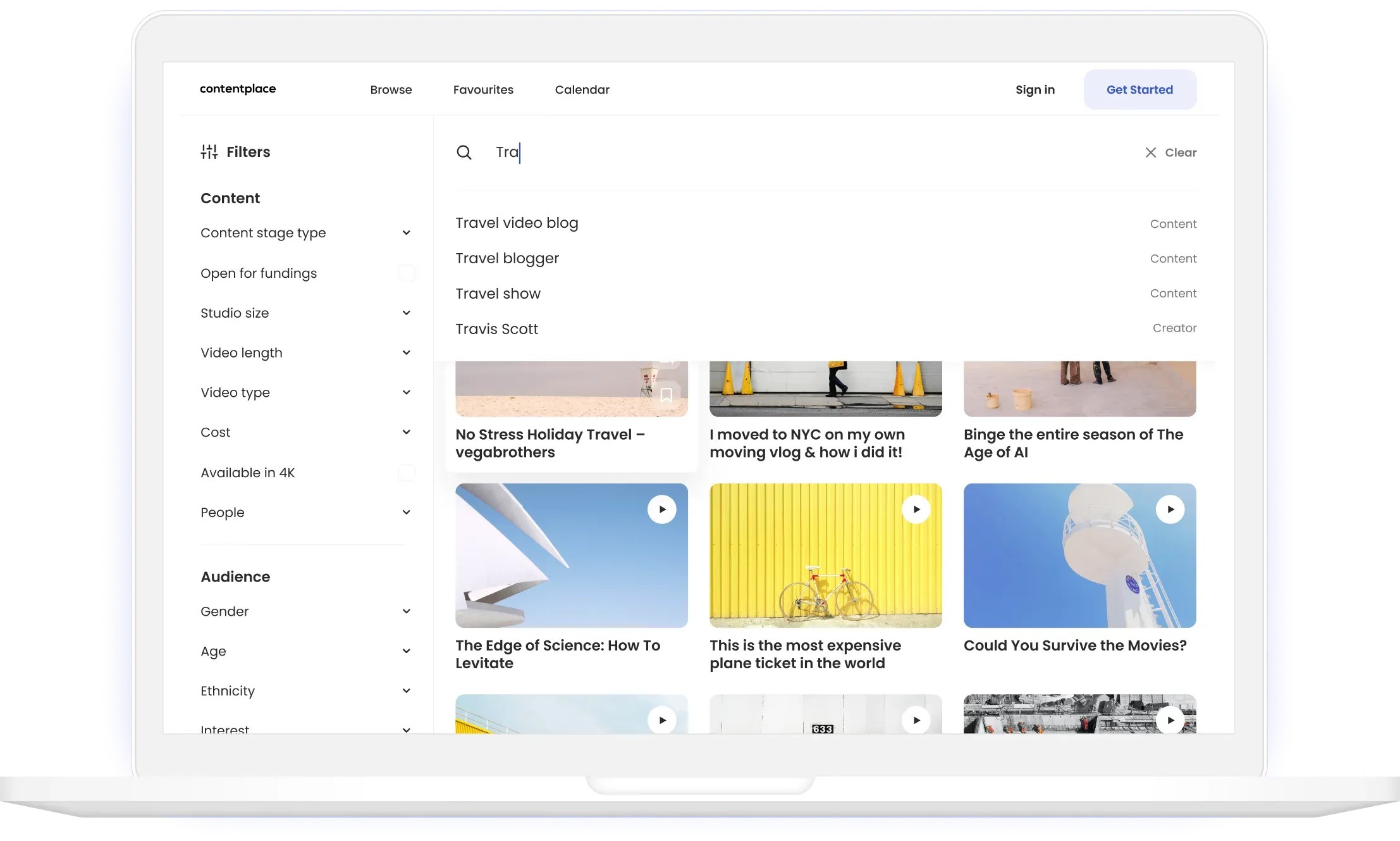Content search and filter interface