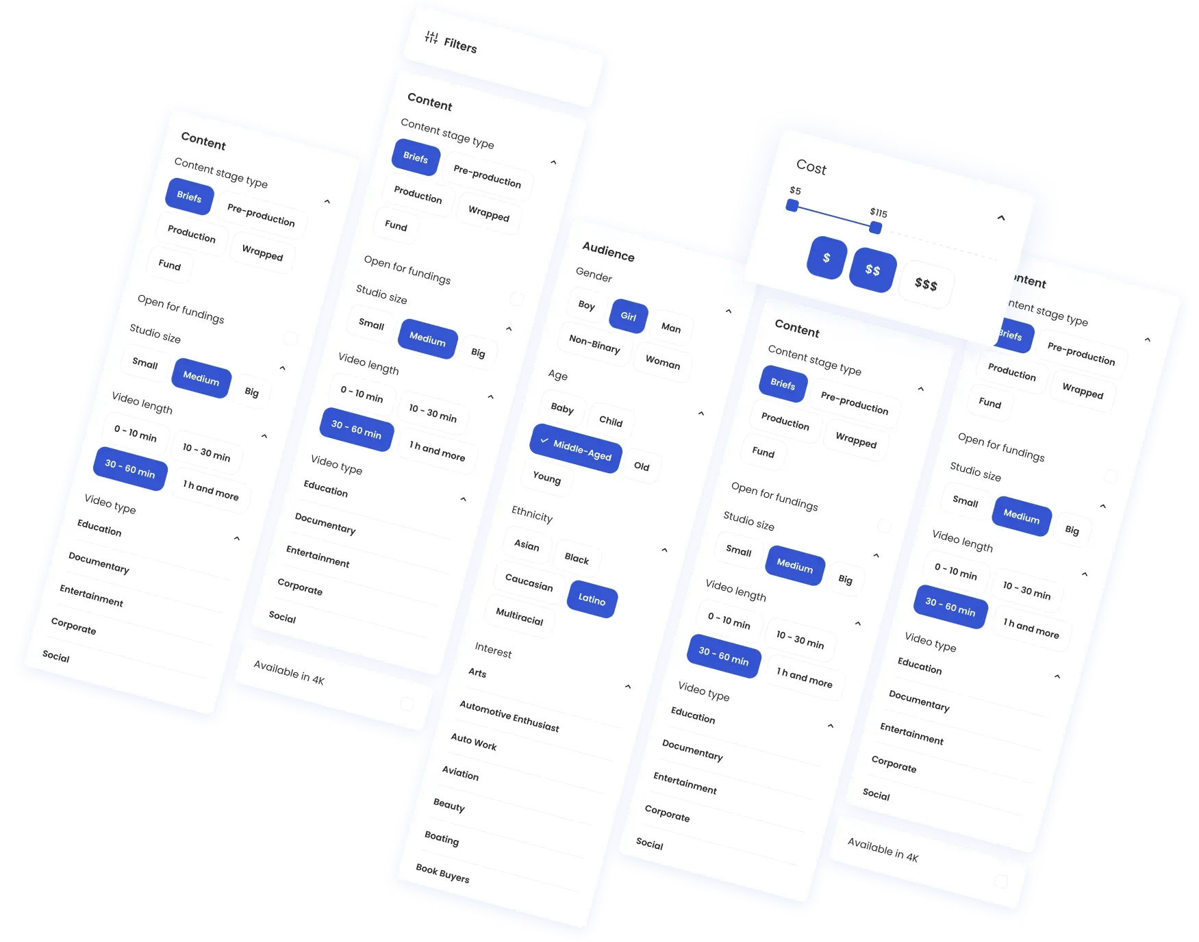 Filter options for content cost and audience demographics