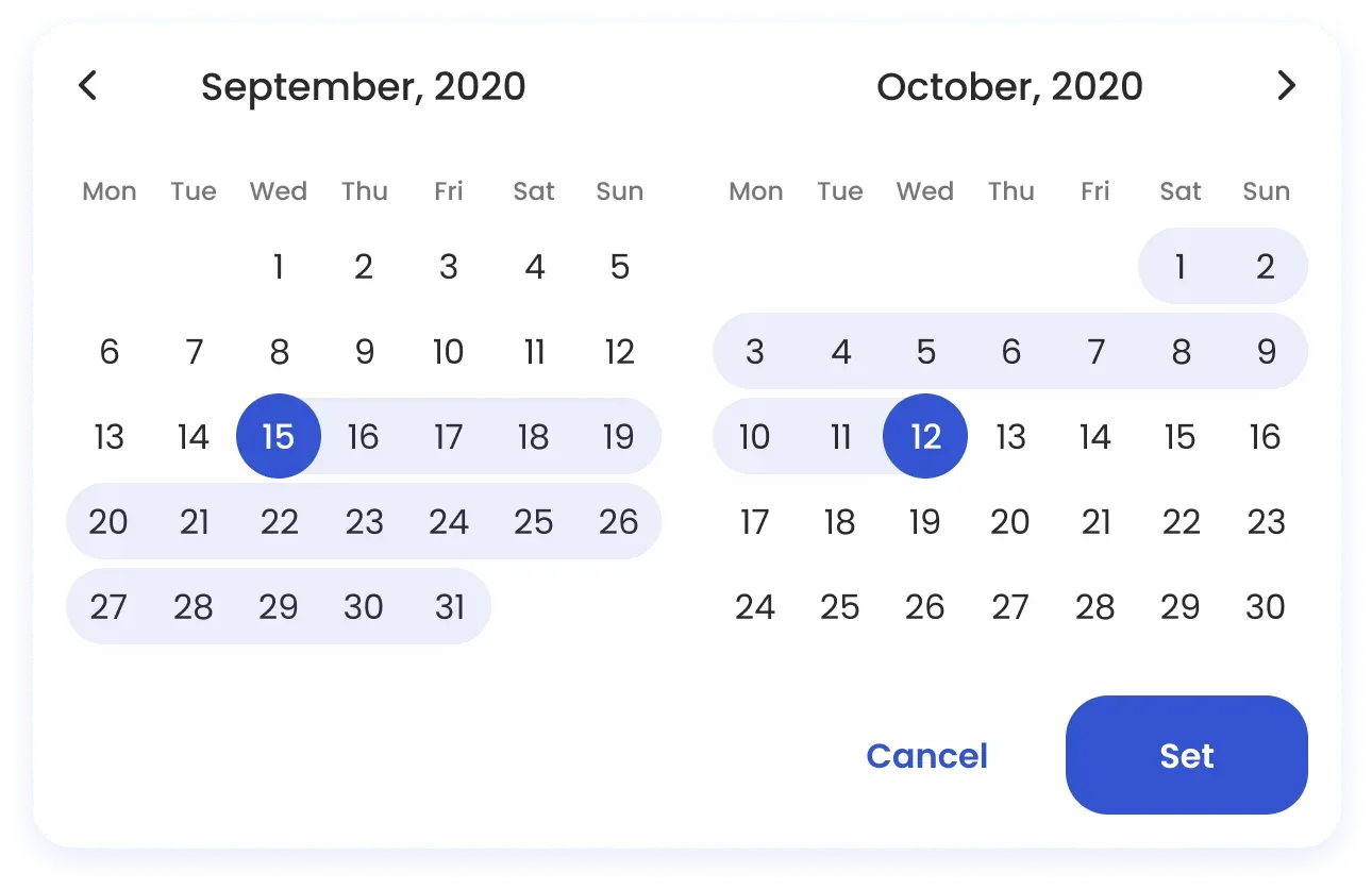 Date selection calendar UI screen