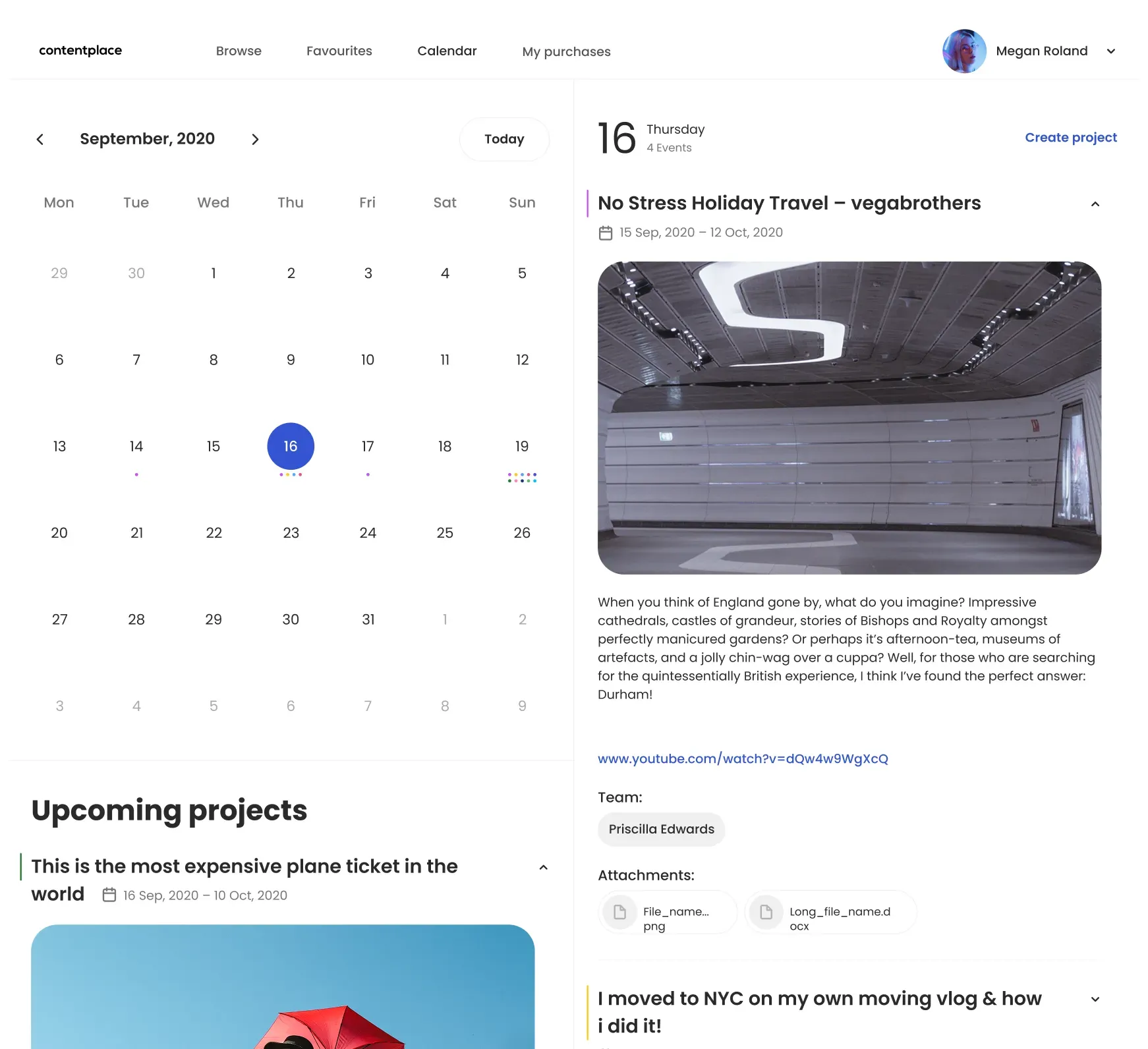 Content management system interface with upcoming events and document details