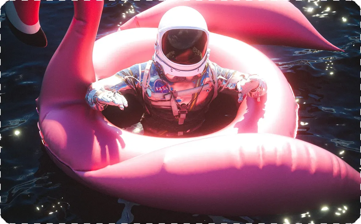 Astronaut in flamingo pool float