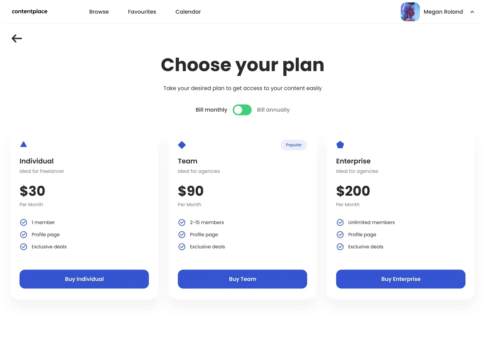 Subscription plan selection screen for content service
