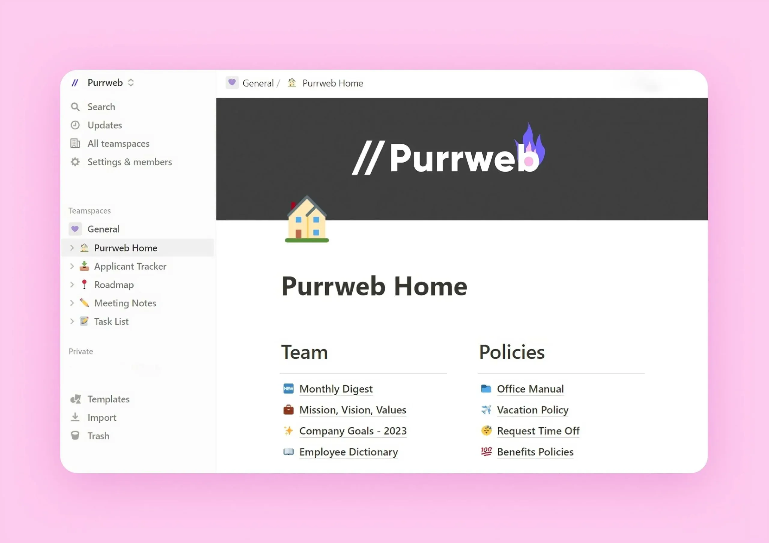 Purrweb team home page in Notion with Team and Policies sections and teamspace sidebar