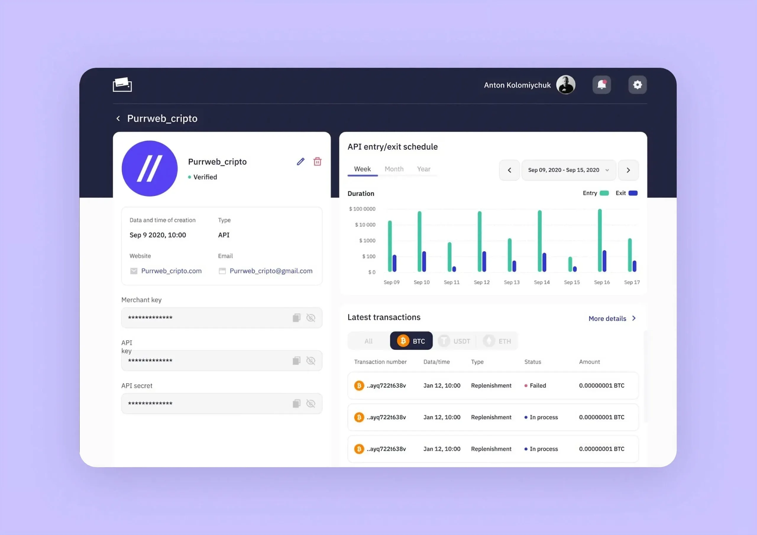 Purrweb_cripto merchant dashboard: masked API keys, entry/exit bar chart and latest BTC transactions
