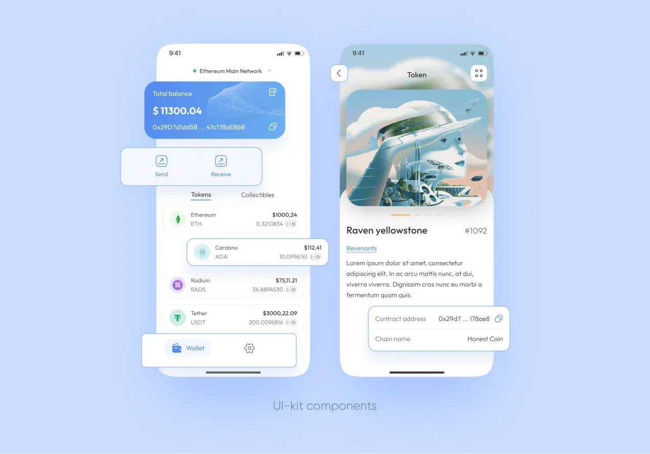 Crypto wallet app UI kit: token balance screen and NFT token detail with contract address