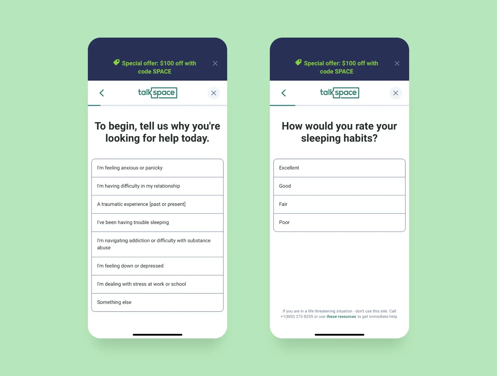 TalkSpace's questionnaire for newcomers
