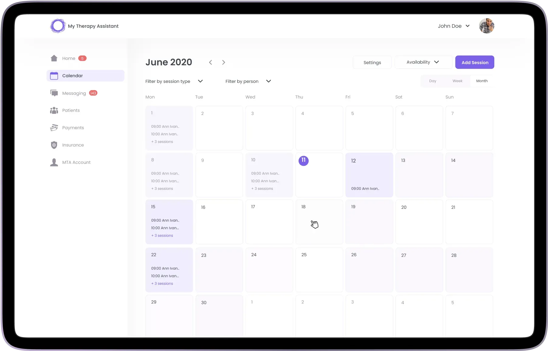 Appointment scheduling interface for therapy assistant app