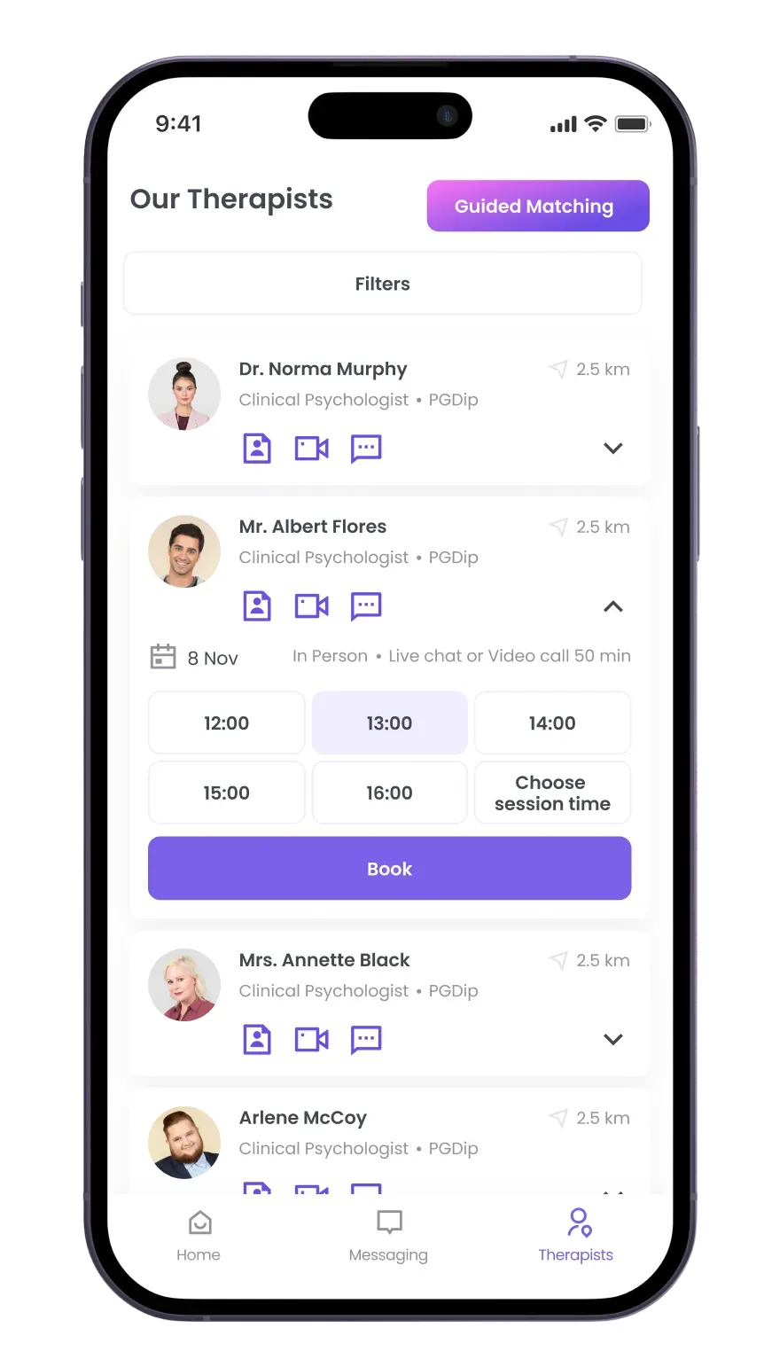 Mobile app therapist selection screen