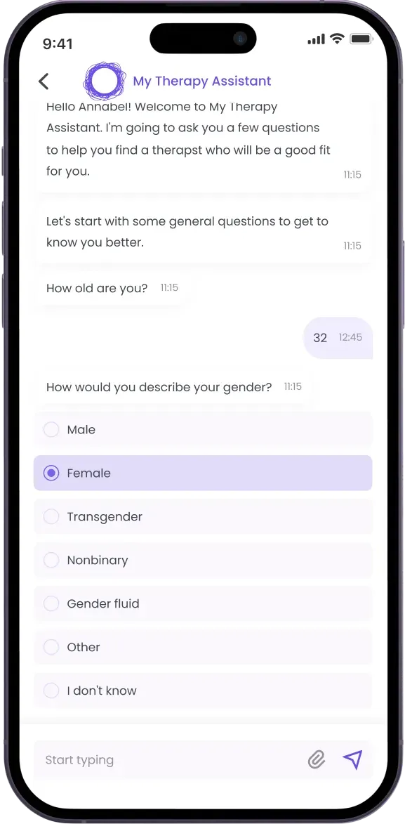 Mobile app onboarding screen with gender selection options