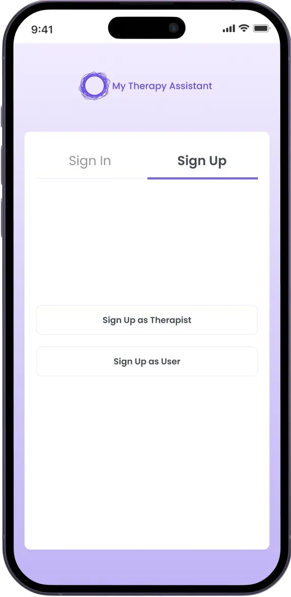 Mobile app sign-up screen for therapy services