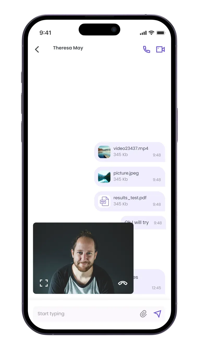 Messaging app chat screen with video and image files