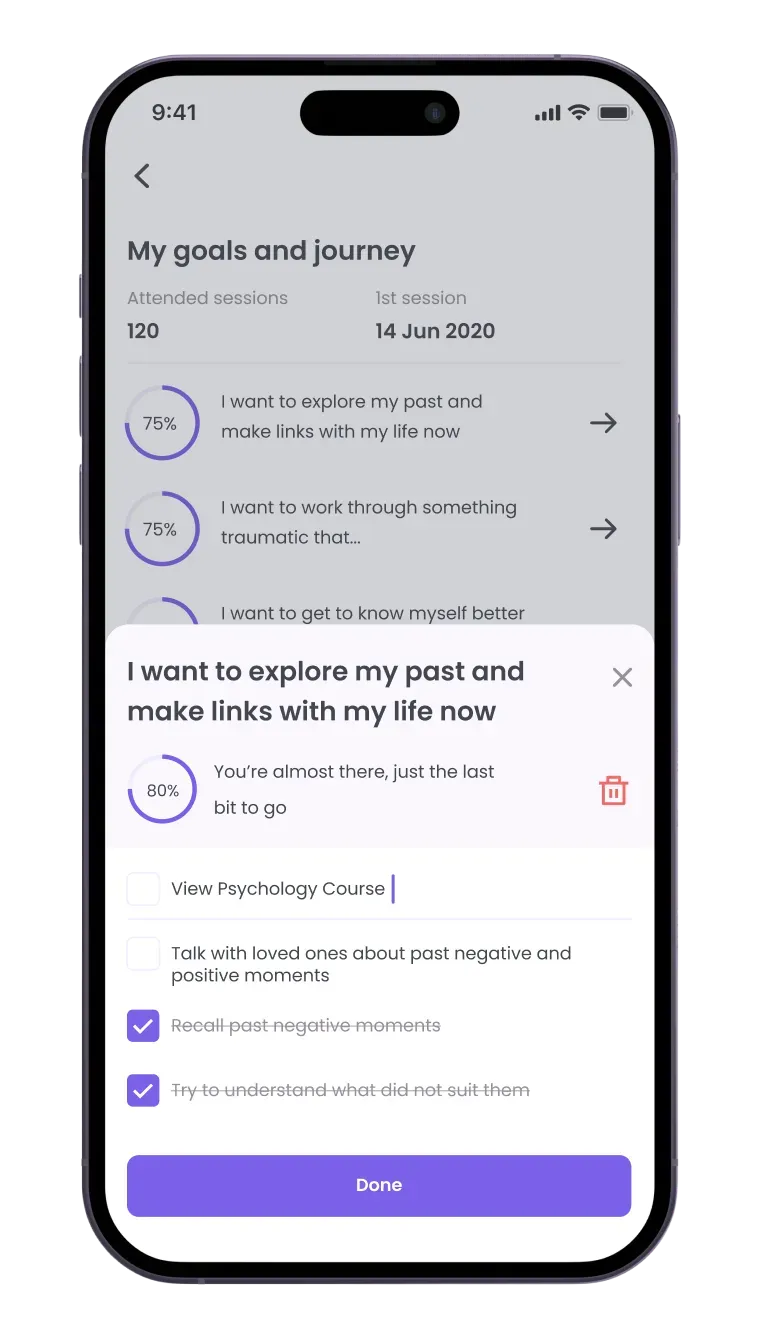 Mobile app goals and journey screen