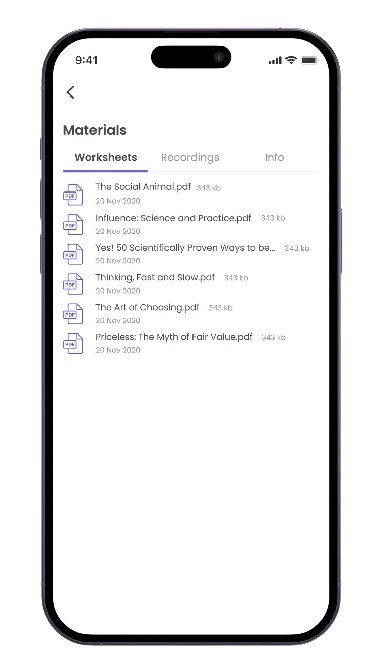 Mobile app materials screen with document list