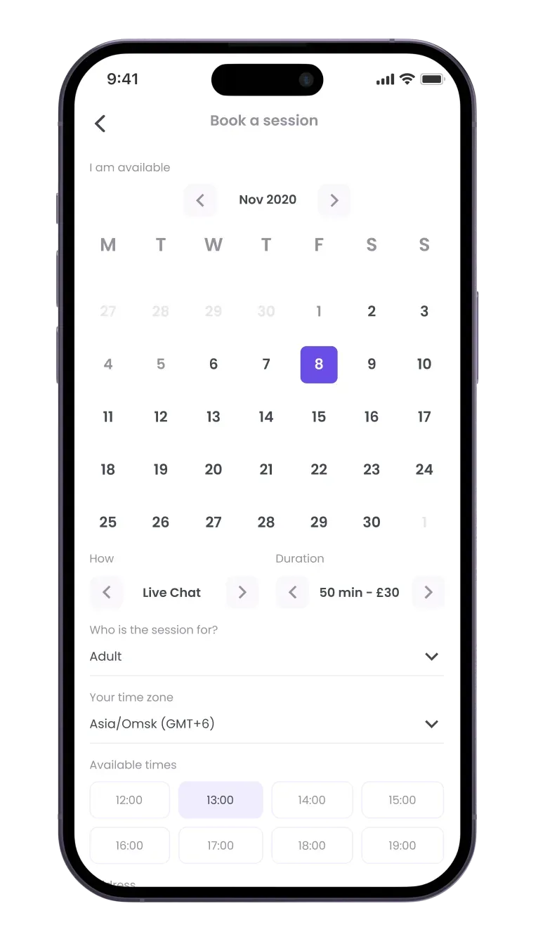 Mobile app booking session screen