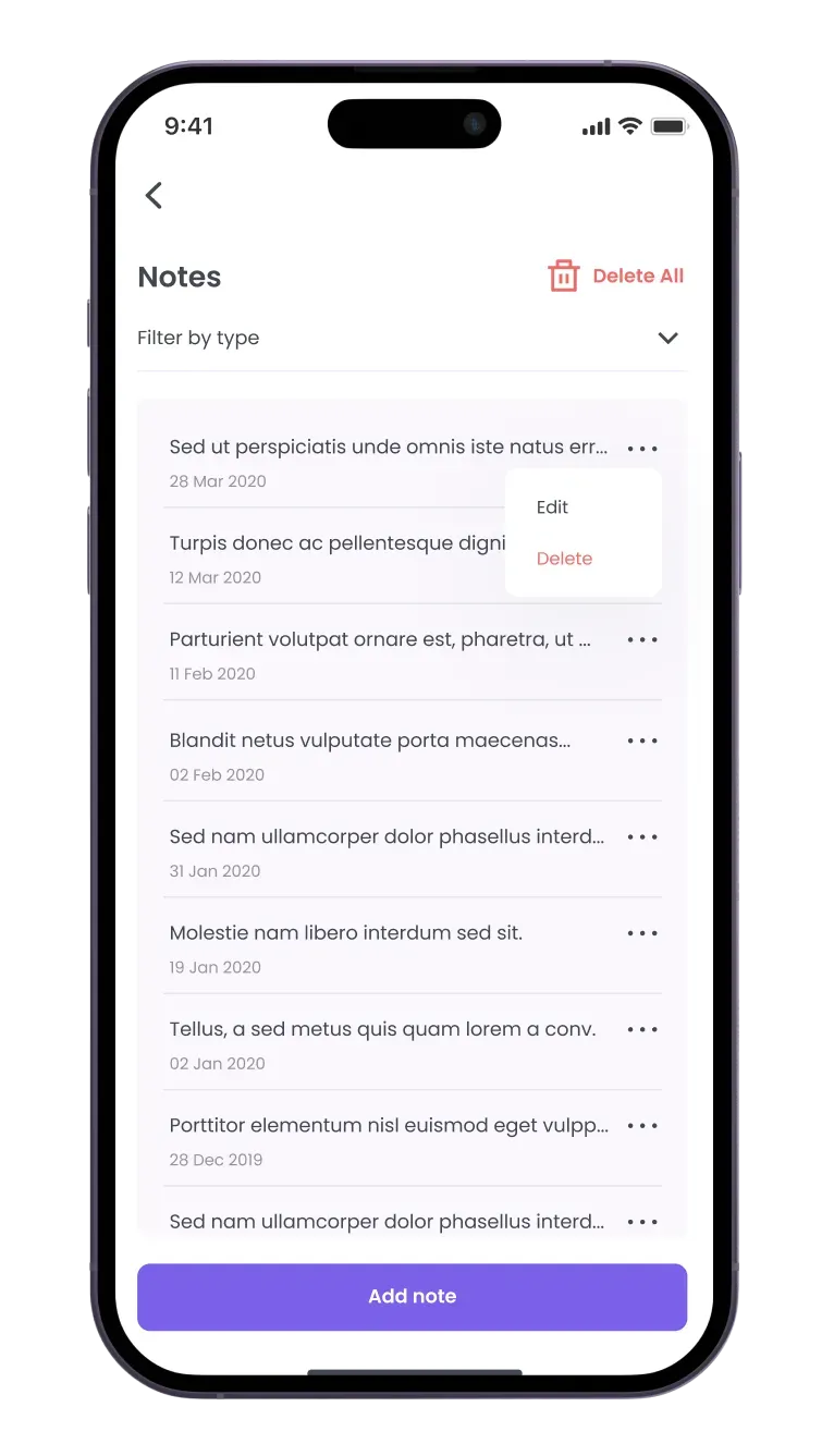Mobile app notes management screen