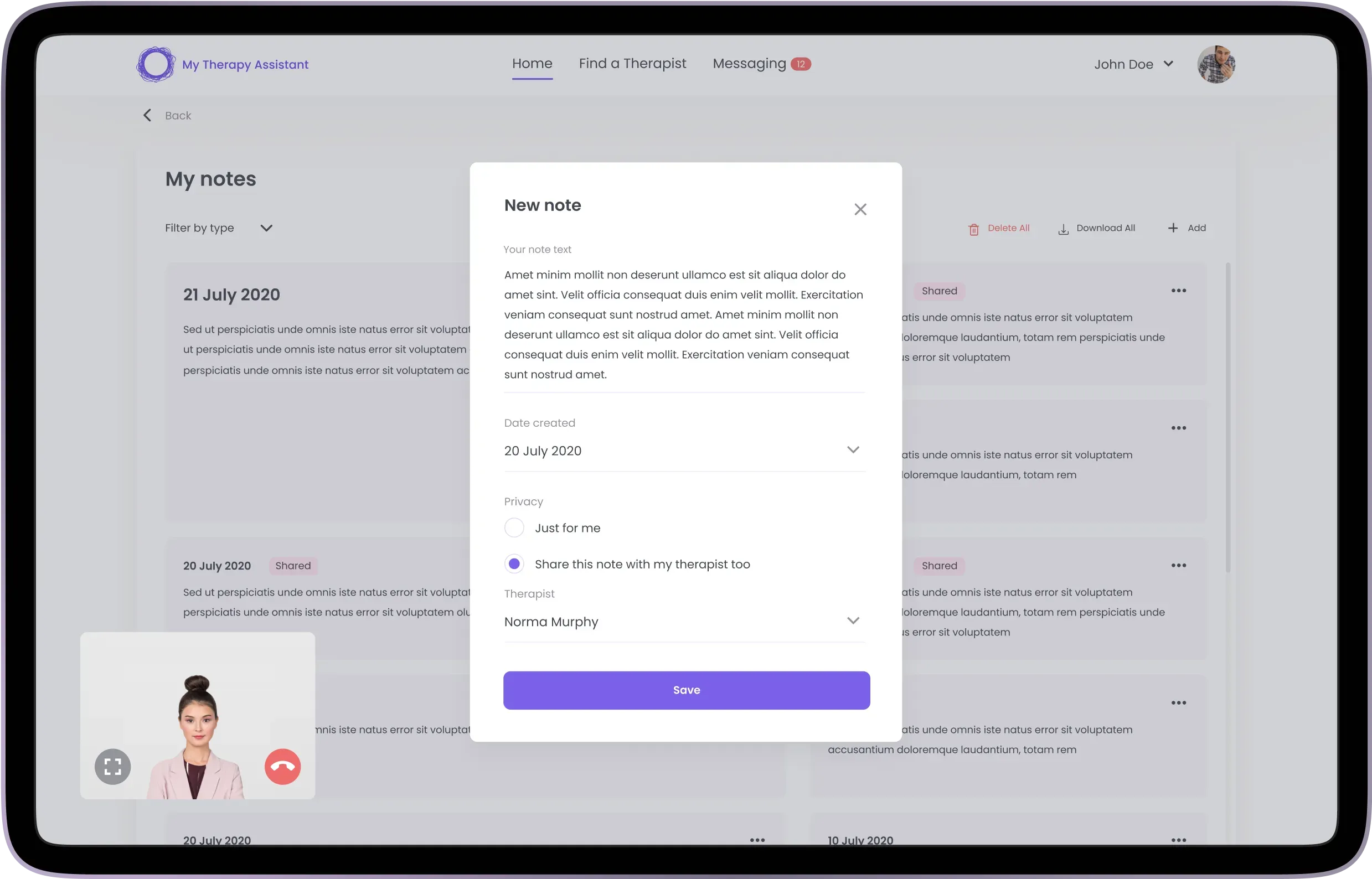 Therapy assistant app note-taking screen
