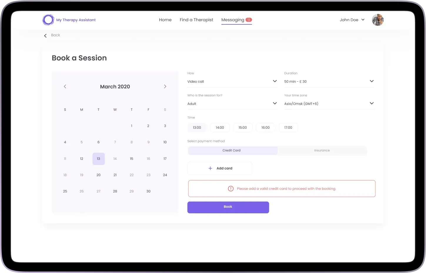 Therapy session booking screen with calendar