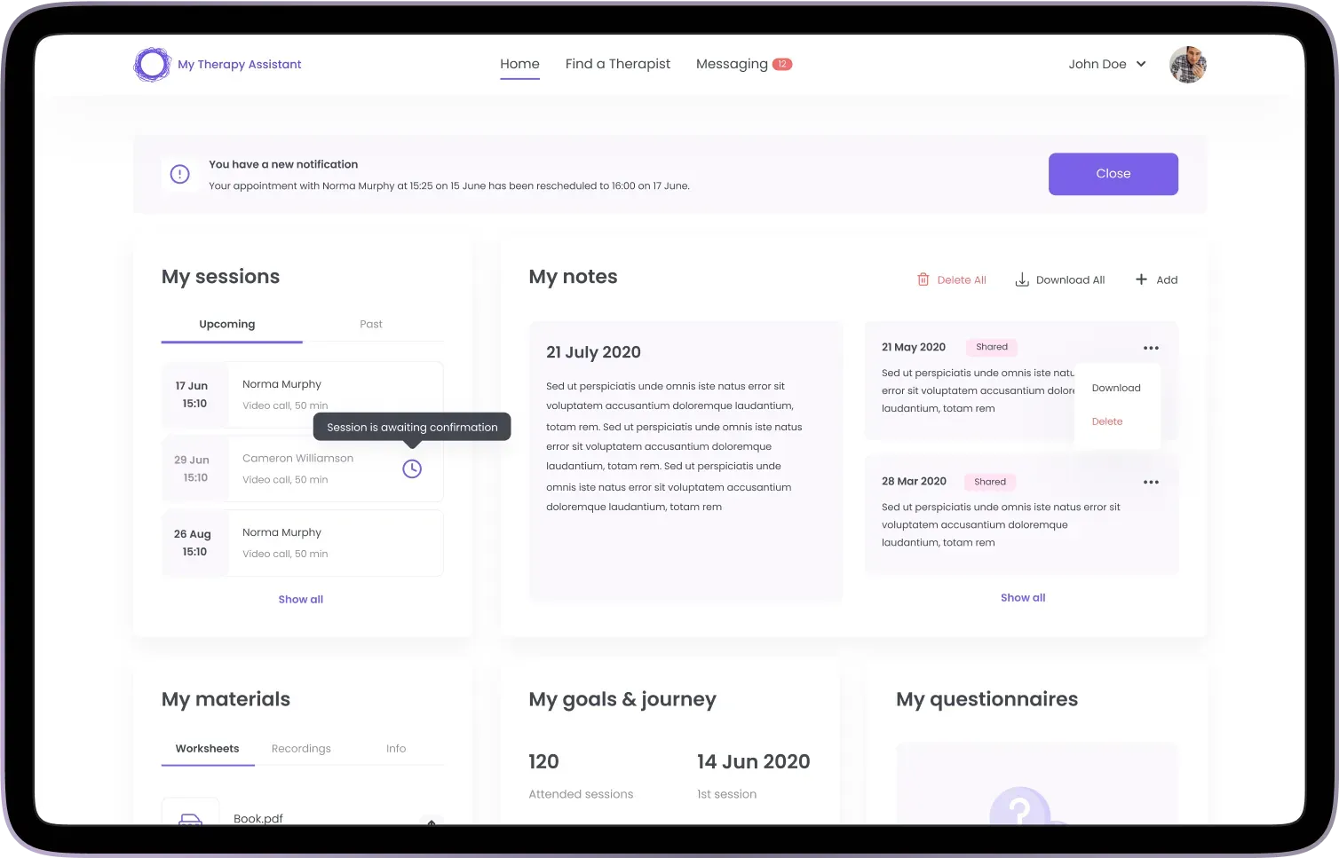 my therapy assistant therapist scheduling interface