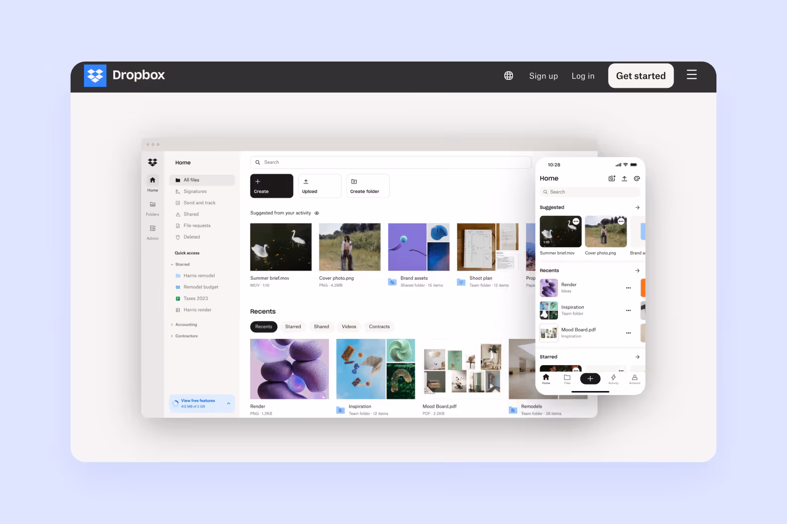 главная страница dropbox.com с демонстрацией облачной платформы Dropbox