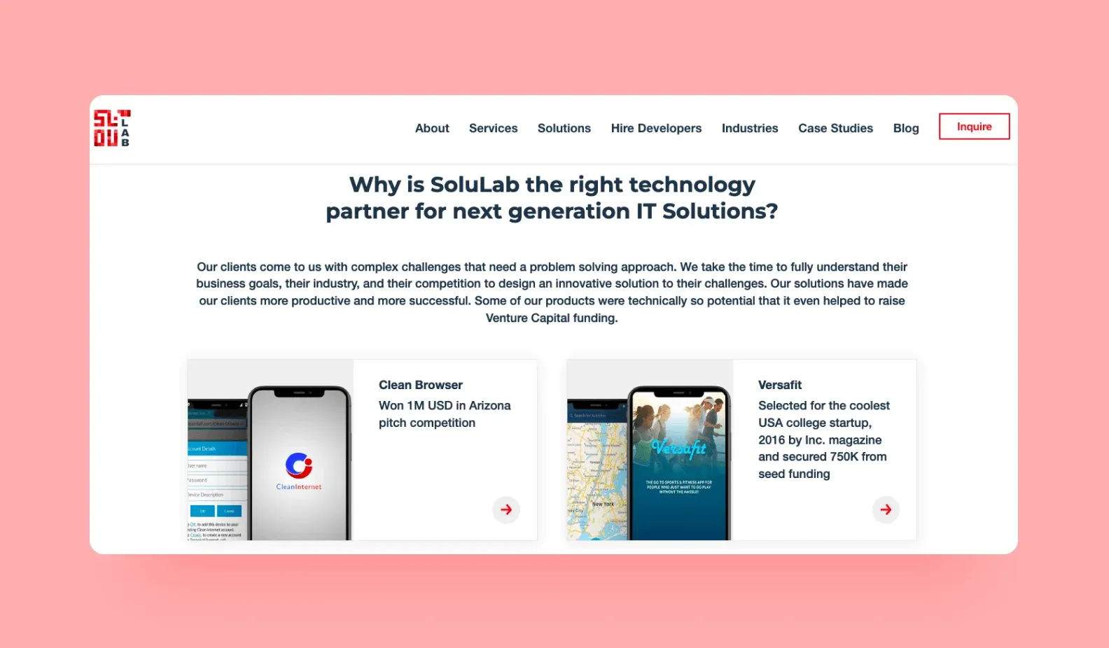 SoluLab website: Why is SoluLab the right technology partner, with Clean Browser and Versafit cases