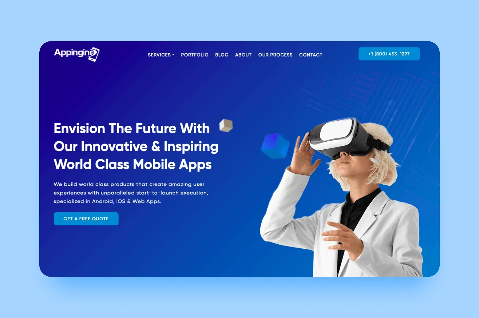 Appingine website hero with woman in VR headset: Envision The Future With World Class Mobile Apps
