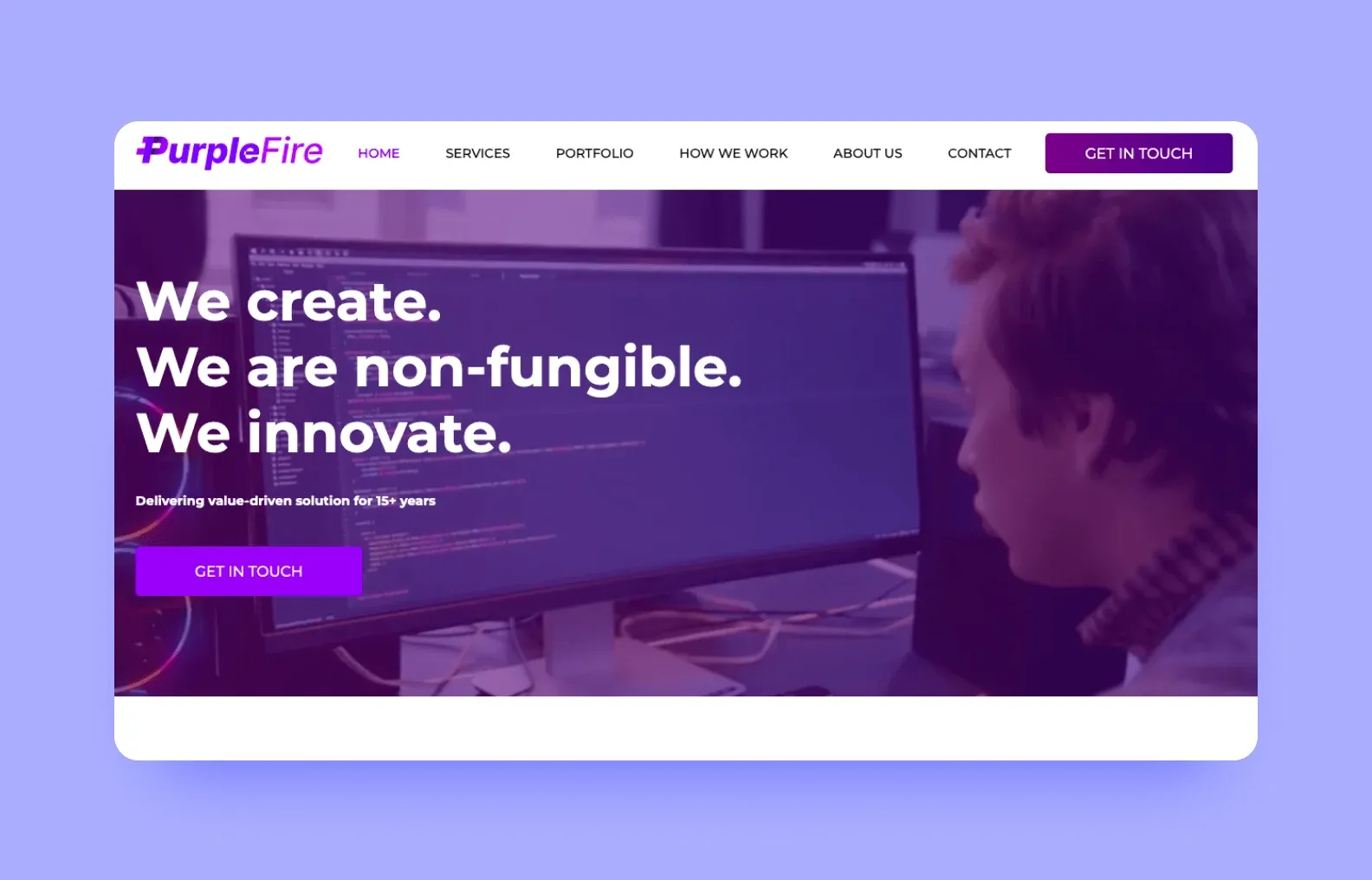 PurpleFire website hero: We create. We are non-fungible. We innovate.