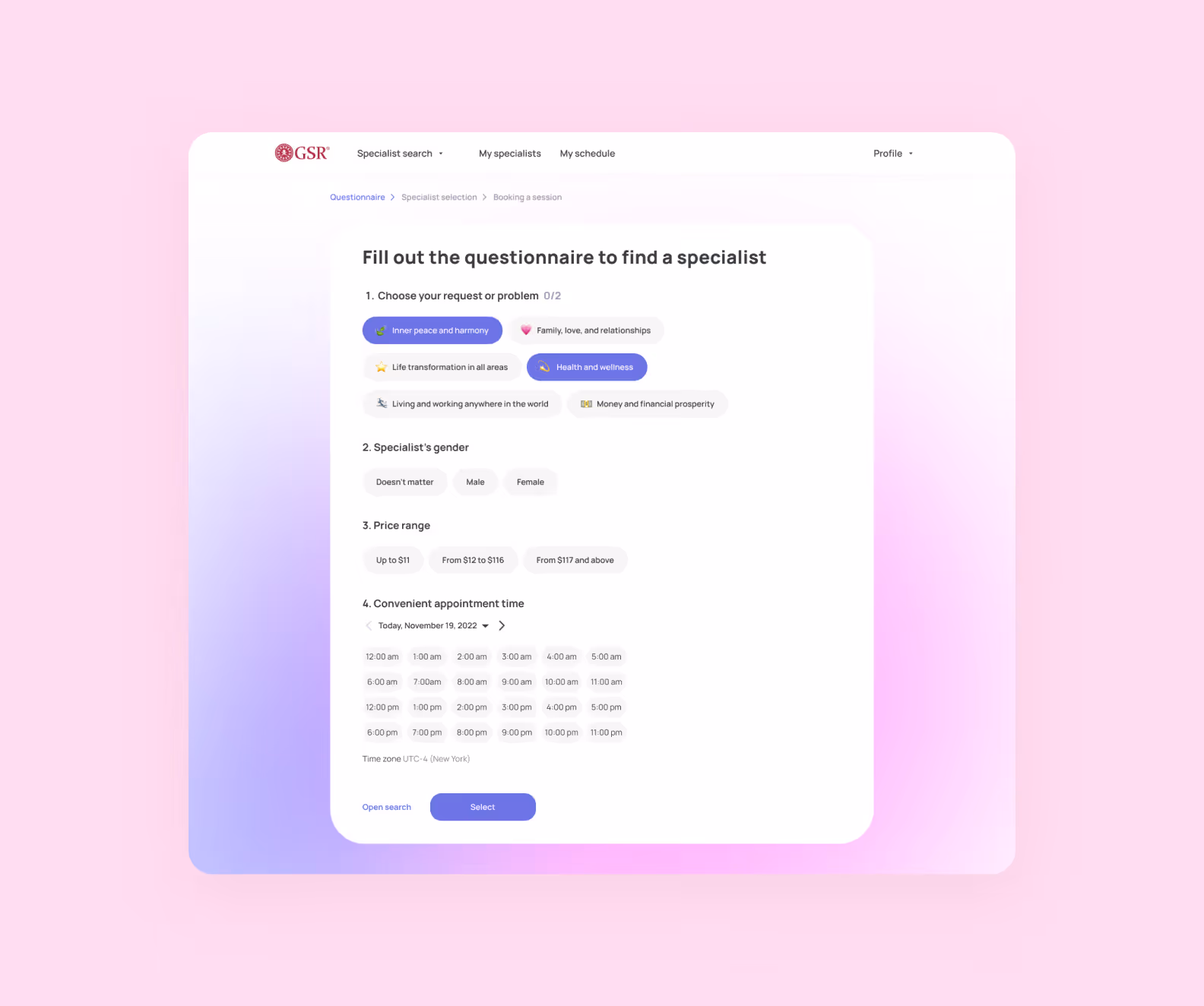 Screenshot from GSR platform’s questionnaire that helps finding a psychologist