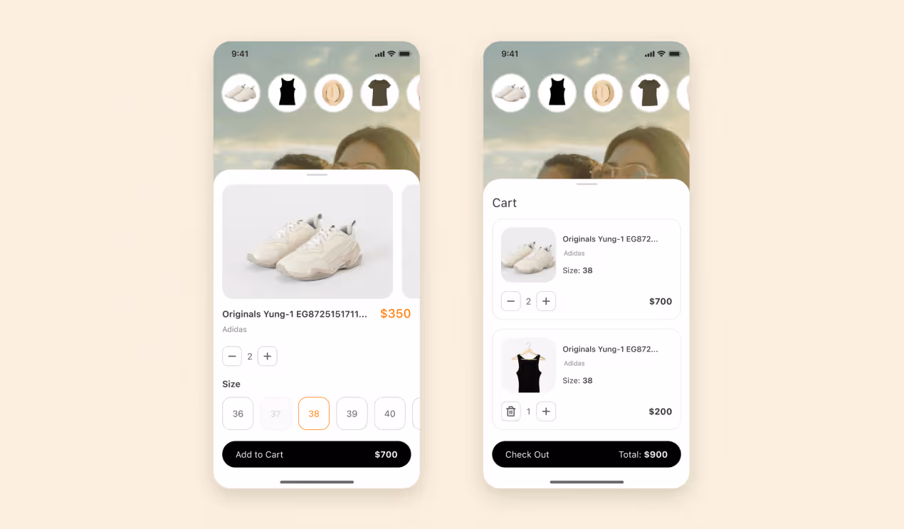 two screens of a livestream shopping app developed by Purrweb