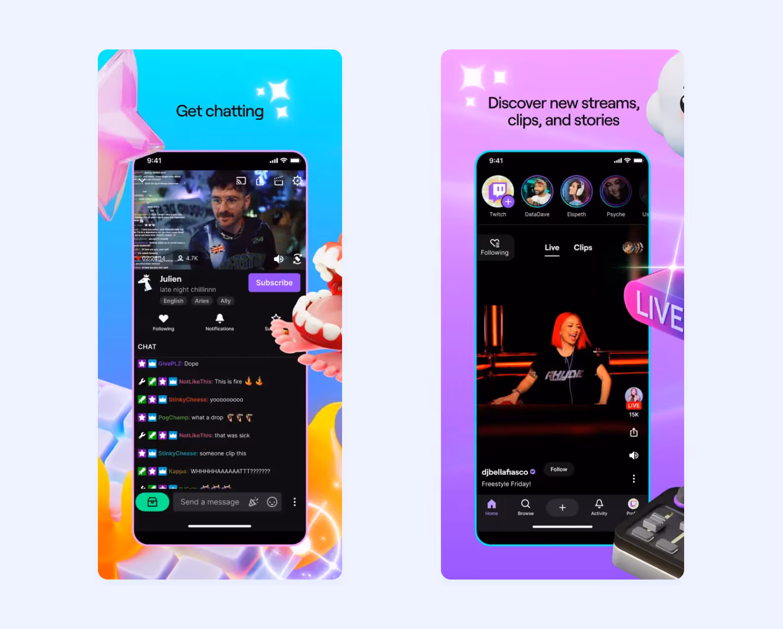 two screens of the Twitch app for iOS