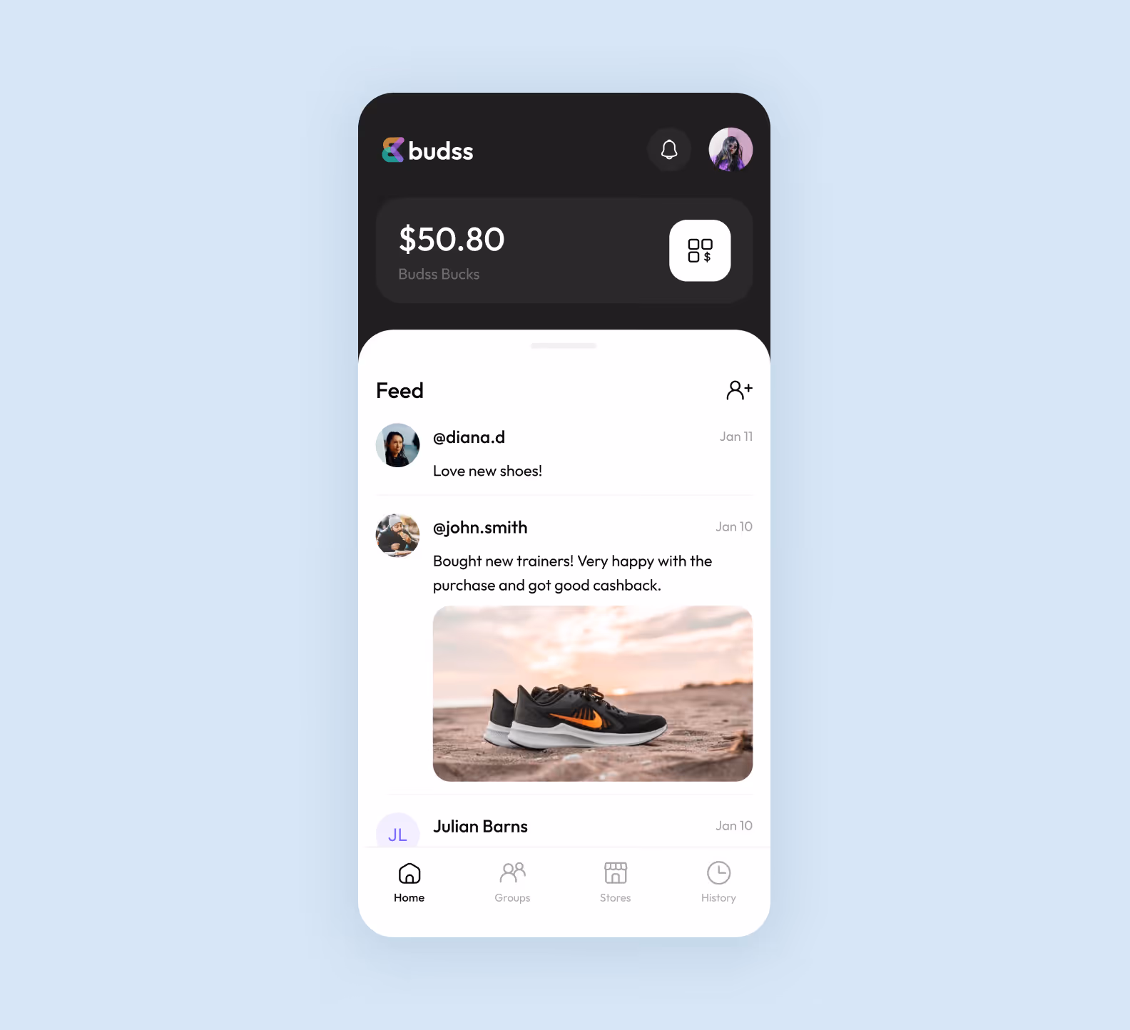 A screenshot of a mobile app Budss with a cash-back balance