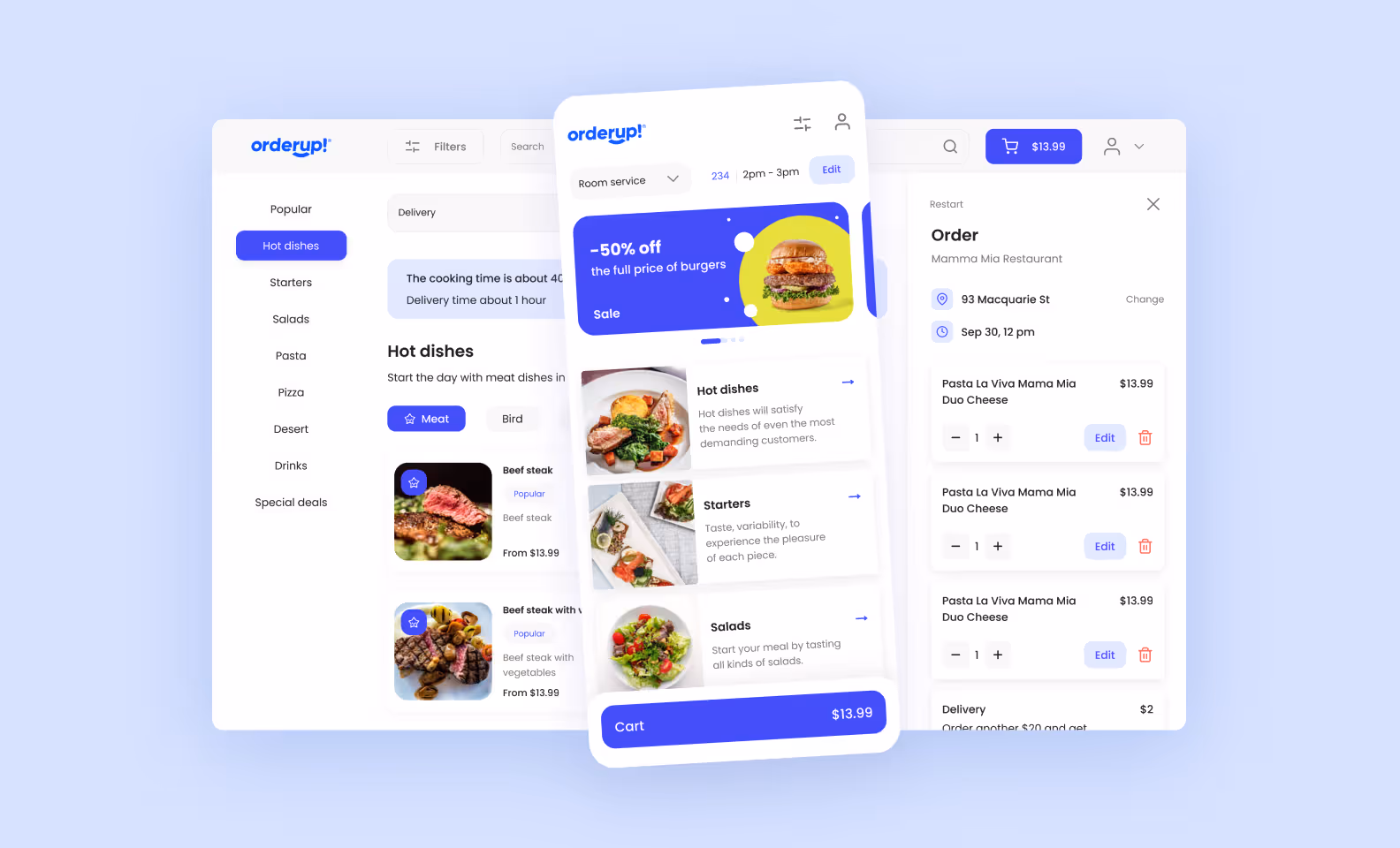 page on purrweb.com showcasing OrderUp, a food delivery app designed by Purrweb