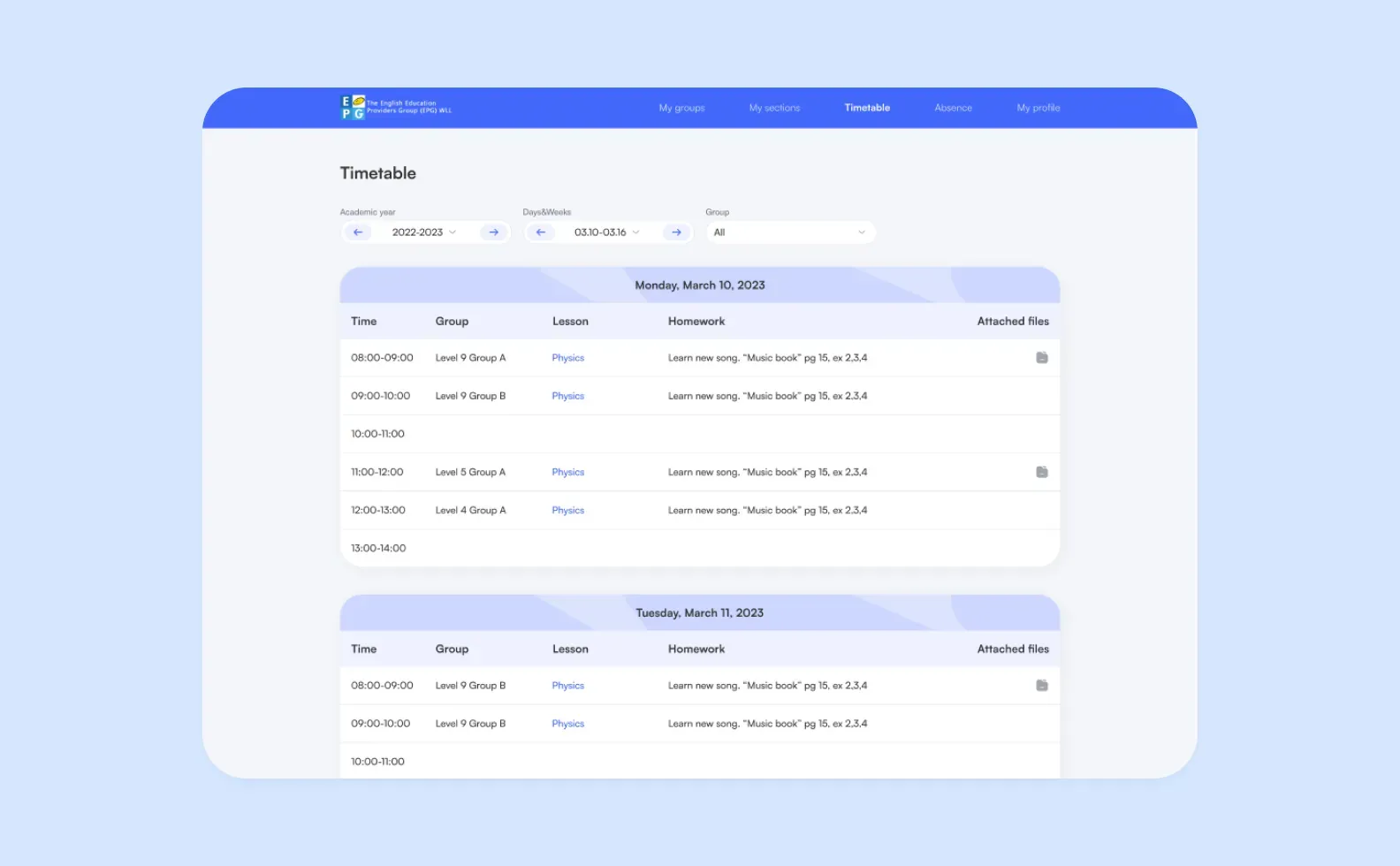 Teacher’s view of the schedule on the landing page developed for EPG