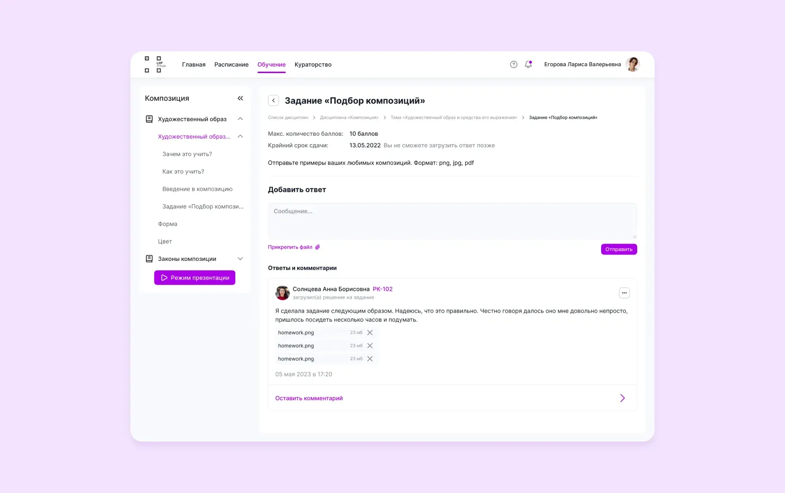Screenshot of the platform’s student assignments module