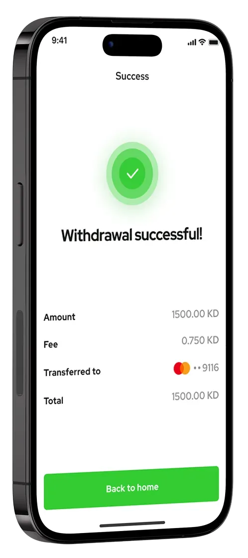 Mobile app withdrawal success screen