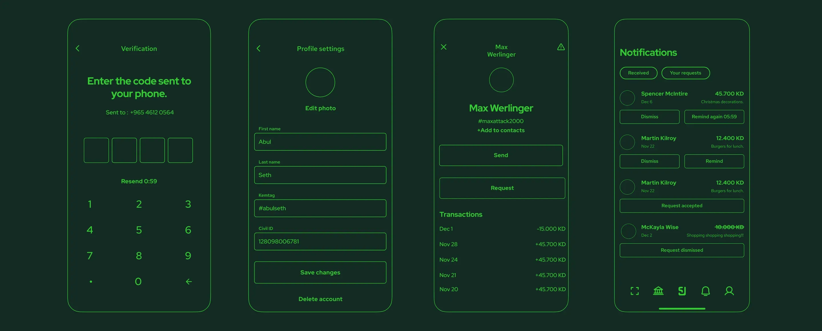Mobile app verification and user profile screens