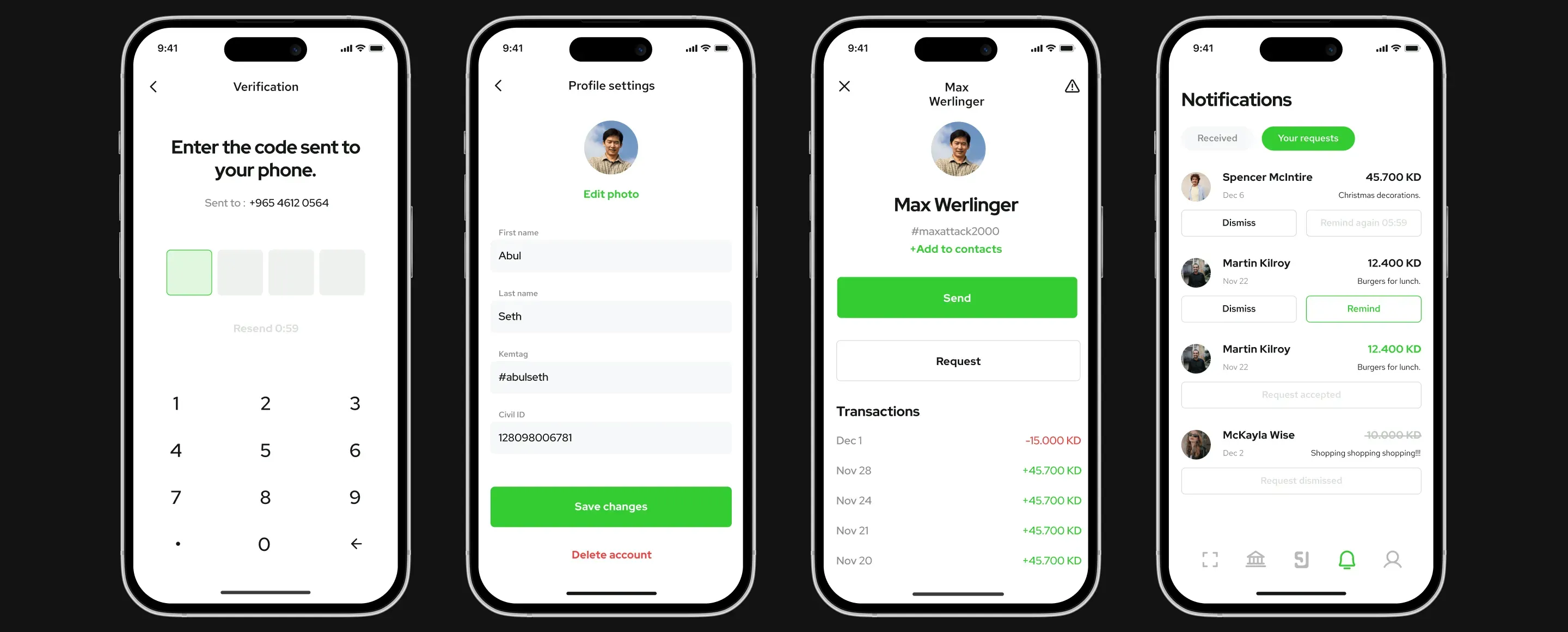 Mobile app verification and profile screens